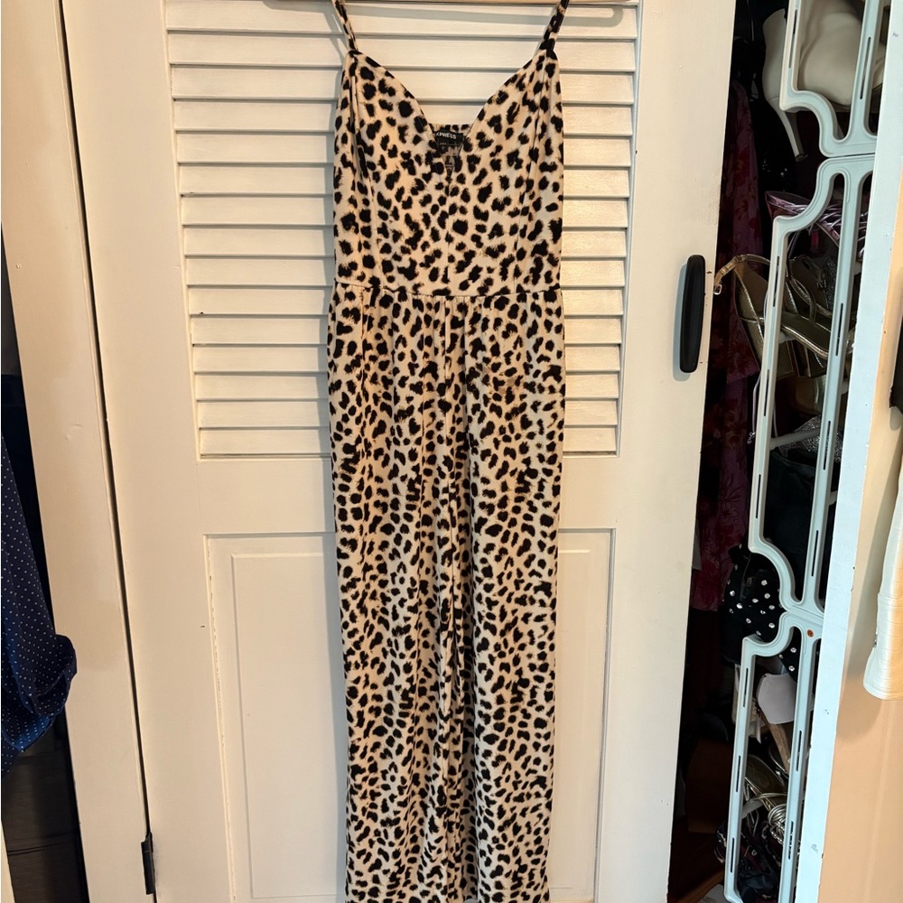 Express Leopard Print Spaghetti Strap Jumpsuit - Beige & Black